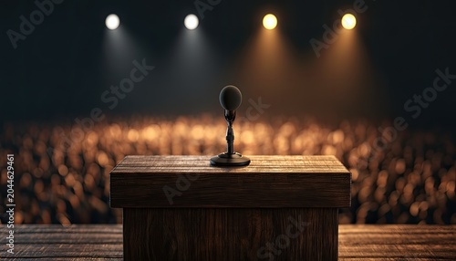 Empty podium with microphone awaits speaker under stage lights, audience blurred