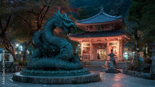 Teal stone dragon statue guarding a traditional East Asian pavilion in a peaceful garden at twilight, suitable for zen and spiritual concepts