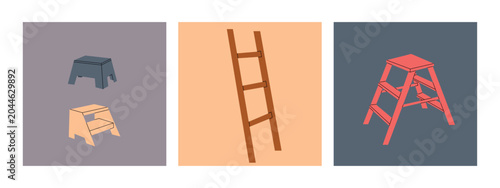 Set of minimal flat vector illustrations of folding ladders, step stools and home footstools