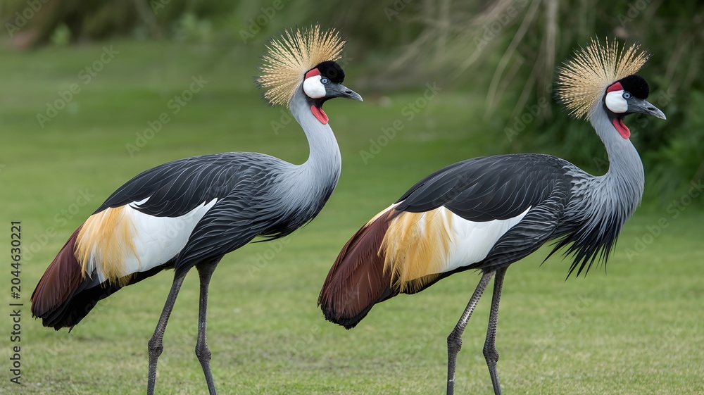 Naklejka premium Two black and white crowned cranes standing in green grass