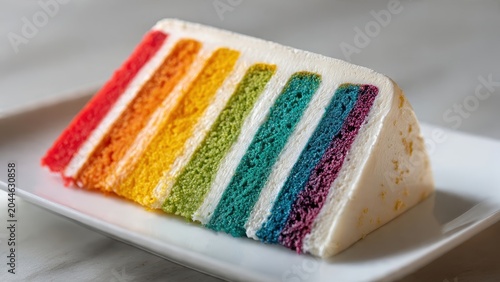 Colorful slice of moist rainbow layer cake featuring six vibrant sponge tiers and white buttercream frosting, elegant dessert for pride month, birthday parties, and festive events.
