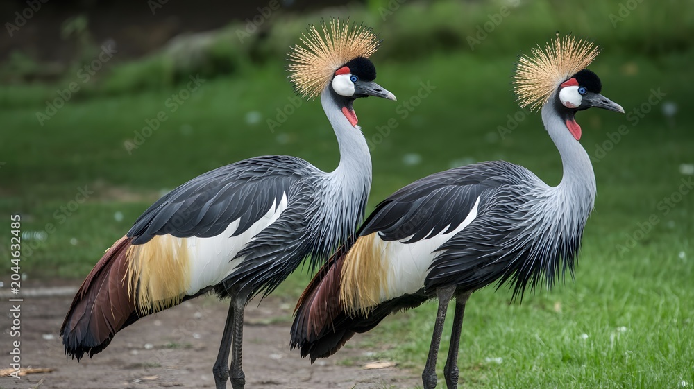 Naklejka premium Two crowned cranes walking in green grassy field