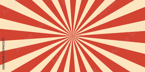 Retro red background with vintage circus sunburst. Psychedelic colorful swirl poster, abstract pattern in 70s carnival style. Hypnotic sunburst vector illustration.