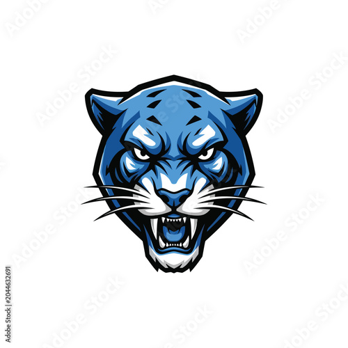 Blue cartoon panther head face closeup.