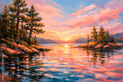Tableau sur toile Vibrant sunset painting over a tranquil lake with rocky shores and pine trees, reflecting colorful sky