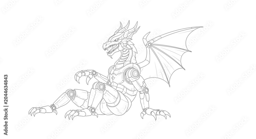 Fototapeta premium Mechanical Dragon Robot Drawing, Futuristic Fantasy Creature, Sci-Fi Art
