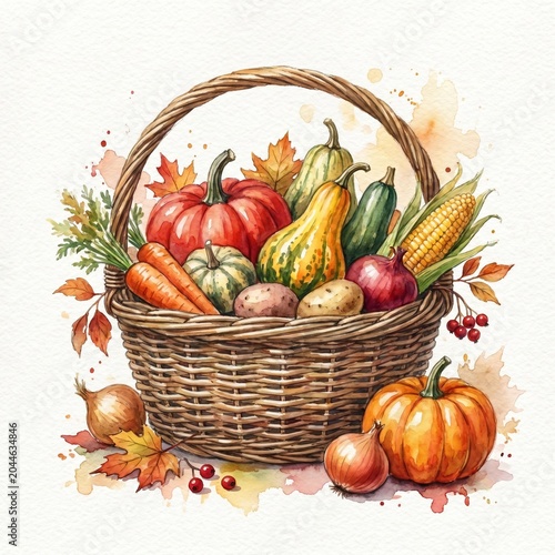Watercolor Thanksgiving Harvest Basket with Pumpkins, Gourds, Corn and Autumn Vegetables. Cozy Fall Abundance Illustration for Seasonal Decor