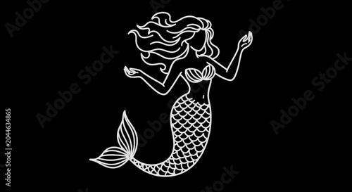 Konstfotografi Mermaid Illustration White Silhouette on Black Background