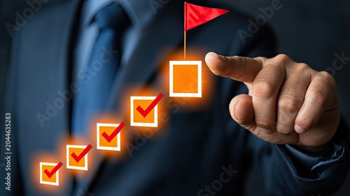 Person points to glowing checklist with red flag at goal