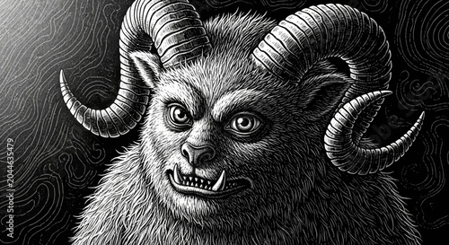Schilderij op canvas Mythical Beast Portrait, Baphomet Demon, Ram Horns, Scary Creature, Dark Fantasy