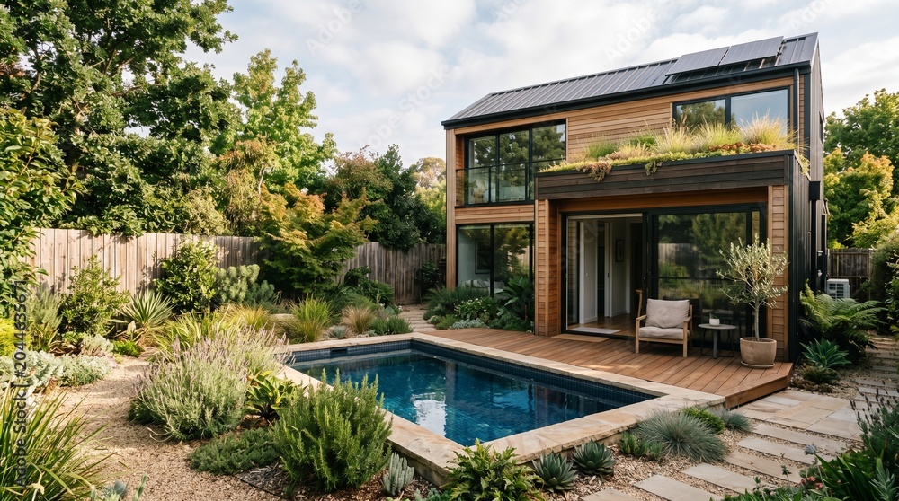 Fototapeta premium Compact eco house with plunge pool, green roof, and drought-tolerant garden. Great for sustainable living, residential design, and property marketing.