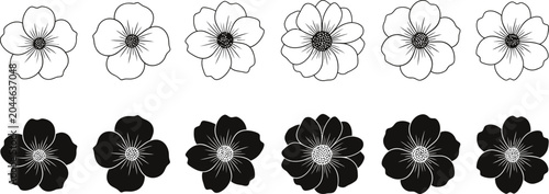 Black and white flower illustrations in various styles and shapes isolated on white background