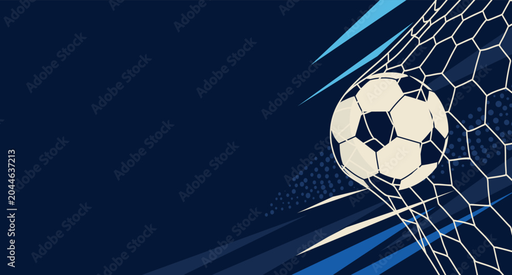 Naklejka premium Football Championship. Soccer ball in the net, shot on goal, template with space for text. Modern vector horizontal banner in blue with football theme for sporting events, championships, social media
