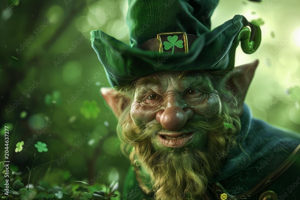 Obraz premium Friendly leprechaun wearing a green hat with a shamrock smiles in a magical forest