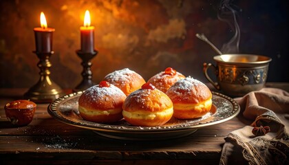 Traditional Hanukkah Sufganiyot Donuts with Candles and Festive Table Setting.