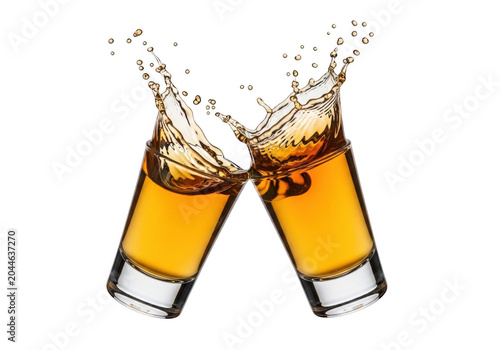 Two glass shot glasses filled with amber tequila clinking together, creating a dynamic liquid splash against a solid black background