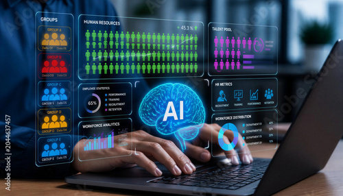 Human resources and ai digital dashboard with workforce management analytics charts.