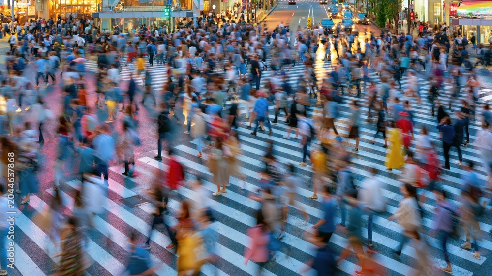 Obraz premium Iconic Shibuya Crossing in Tokyo with blurred crowds and neon lights at dusk