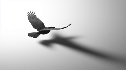 Silhouette of flying bird casting shadow on misty overcast sky minimalist monochrome composition