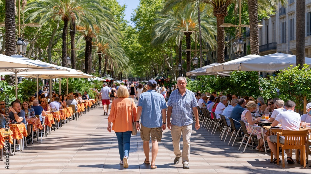 Obraz premium Tourists stroll down a bustling Barcelona boulevard lined with outdoor cafes and palm trees