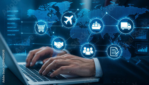 Supply chain management concept with icons and world map.