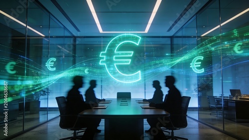 Generative AI depicts a futuristic financial meeting with digital currency symbols