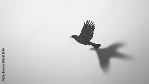 Silhouette of flying bird casting shadow on misty white background minimalist composition