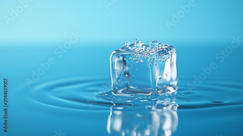 Single ice cube melting in clear blue water with reflection and ripples minimalist composition
