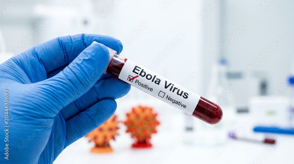 Fototapeta premium Hand holding blood sample showing positive ebola virus test 