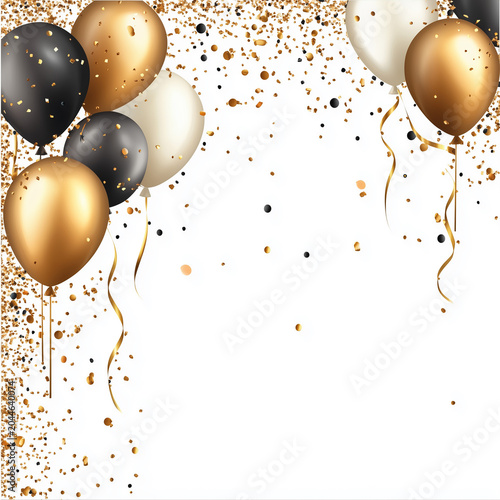 Floating gold and black balloons with confetti on white background for celebration decoration