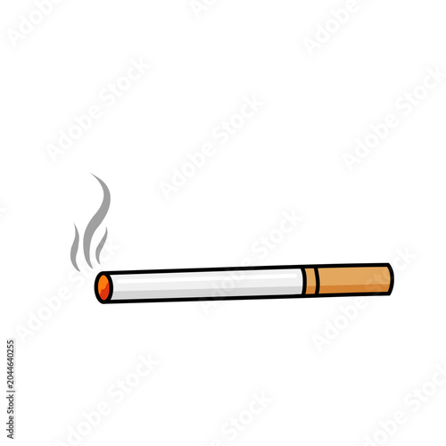 Lit cigarette with smoke illustration isolated on white background. Tobacco product icon representing smoking habit, nicotine addiction, health risk, and cigarette consumption