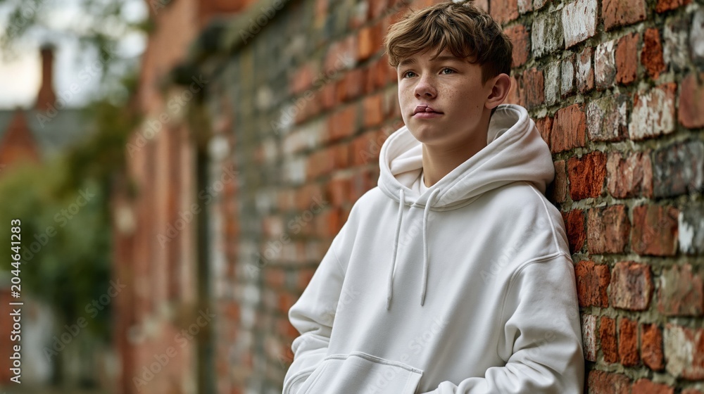 Obraz premium National Cleft & Craniofacial Awareness & Prevention Month: a teenage boy aged 15-16 with a unilateral cleft lip scar leaning against a weathered brick wall outdoors, overcast soft daylight