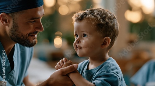 National Cleft & Craniofacial Awareness & Prevention Month: A pediatric craniofacial surgeon in blue scrubs gently holding the hands of a toddler with a cleft palate repair scar