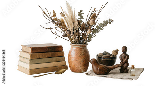 Rustic composition of dried autumn flowers in vase with old books isolated on transparent background