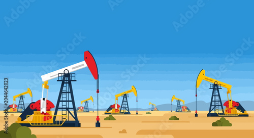 Industrial Oil Pump Field in Desert Landscape Illustration