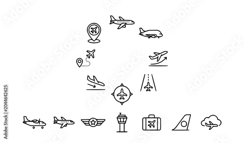 Photos Monochrome Aircraft Line Icons Set with Passenger Jets and Editable Stroke Vecto