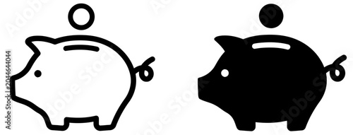 Piggy bank outline and silhouette icon set for financial savings