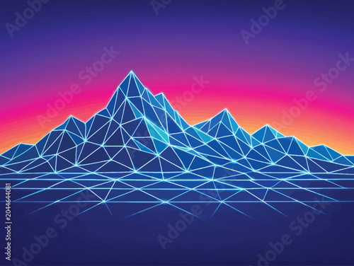Print  Abstract Low-Poly Mountain Landscape with Glowing Wireframe Lines, Animated Gradient Sky, Futuristic Digital Art Background, Seamless Loop Motion Design, Minimal Tech Vector Illustration 