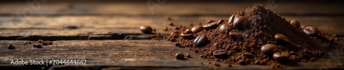 Dark roast coffee, rustic wood, coffee farm background, beans, vintage, flavor