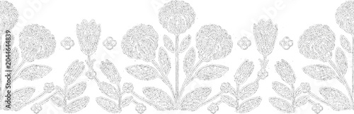 Meadow flowers line art seamless horizontal border pattern graphic isolated on white