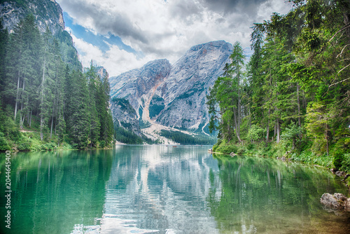 The iconic Lake Braies, Dolomites, South Tyrol, Italy