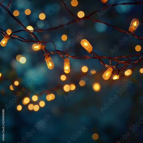 Glowing string lights hanging on dark background with soft bokeh and dreamy ambiance