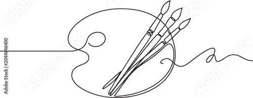 Continuous line drawing, artistic paintbrushes on palette, minimalist art supplies, creative tools