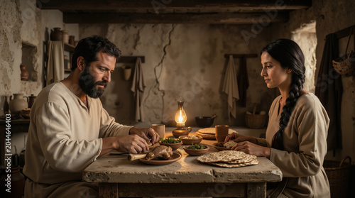 Hebrew family preparing a traditional Passover meal. Man and woman in ancient attire at a rustic table with unleavened bread and food
