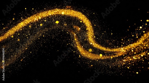 Golden swirling dust particles on black background, glittering