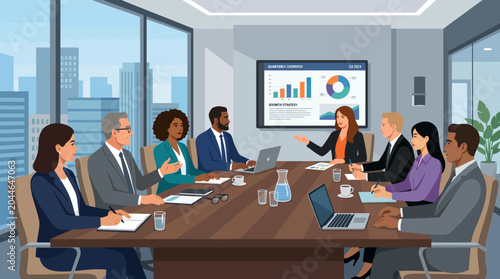 Diverse team in a modern office meeting.