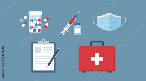 Medical supplies and health care icons.