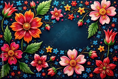 Vibrant floral & geometric textile, traditional Polish highland style, close-up, vintage, red