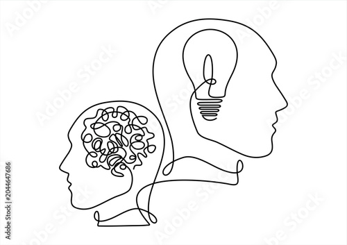 Mental health care in continuous one line drawing. Two heads with light bulb and scribble brain, Psychology healthcare treatment concept. Vector illustration minimalist. Solution for mental disorder
