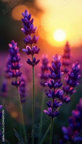 Vibrant lavender blossoms bathed in sunset glow , beautiful, farm